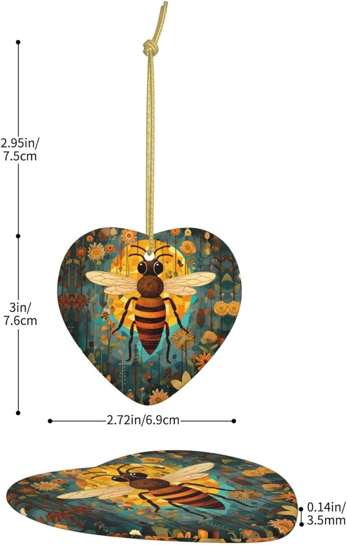 Bee Sunflowers Pattern Christmas Ornaments, Christmas Decorations Xmas Tree Hanging Ornaments, Heart-Shaped Ceramic Festive Keepsake Gift for Xmas Decorations Holiday Home Party