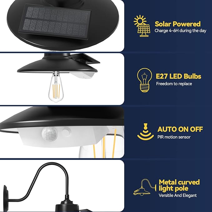 APONUO Solar Wall Lights Outdoor with 3 Lighting Modes & Motion Sensor, IP65 Waterproof, Rustic Vintage Gooseneck Solar Wall Light Decor for Barn, Wall, Porch, Farmhouse