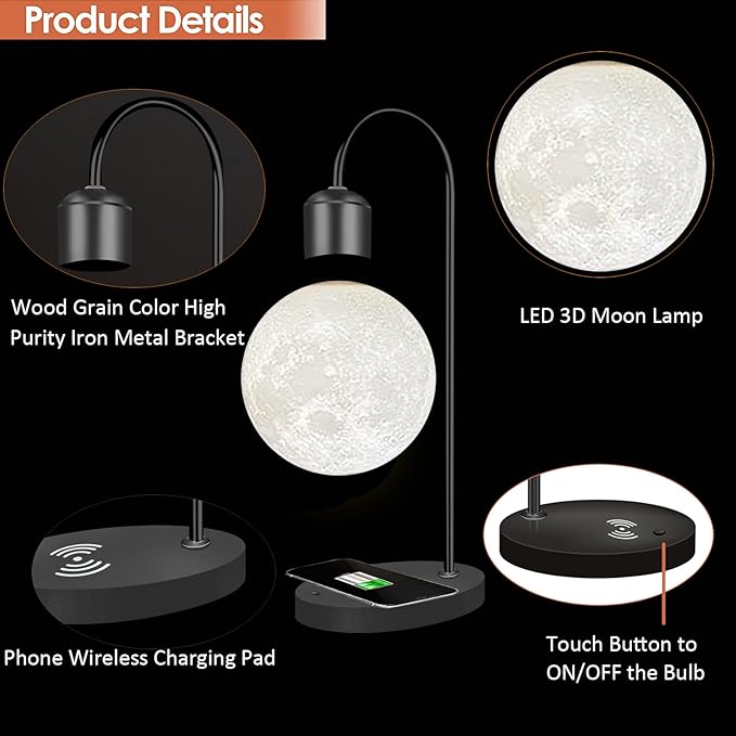 Magnetic Levitating Moon Lamp 15W Fast Phone Charger Changeable 3 Colors Switchable 300 Million Gradient Colors 3D Moon Ball Levitation Floating Mood Light Christmas Gift Office Home Decor