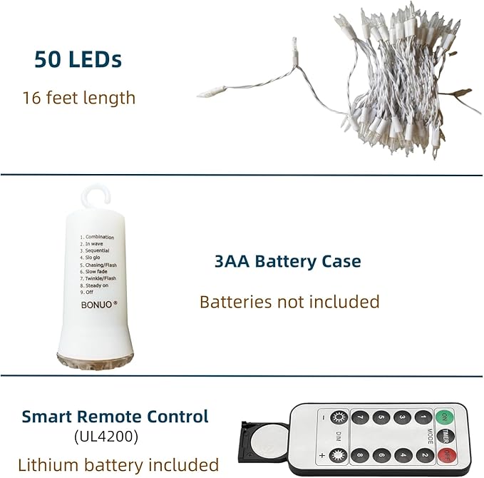 Mini Christmas Lights, 16Ft 50 LED Battery Operated String Lights with Remote Timer 8 Modes on White Wire for Indoor Outdoor Christmas Wreath Decor, Warm White