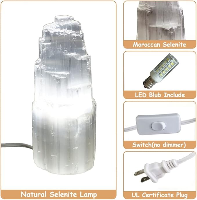 JIC Gem Natural Selenite Lamp 8" White Selenite Crystal Rock Lamps with Switch Cord and Bulb