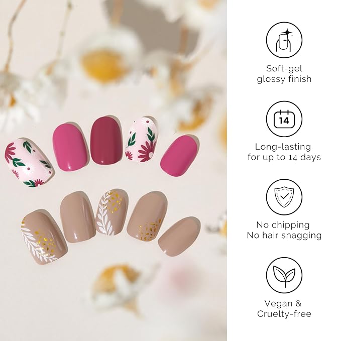 Semi Cured Gel Nail Strips - NAILOG 20 Pcs Brown Leaves Nail Stickers Extra Long Wraps with Glossy Gel Finishing for Autumn Winter, Caramel