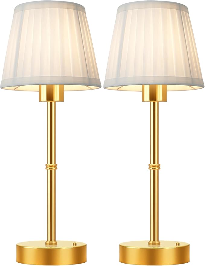 FRIDEKO HOME Rechargeable Table Lamp Gold - Cordless Battery Operated Lamp, Fabric Shade Desk Lamp, Wireless Lamp for Decor Bedroom Dining Table Counter (2pcs-Soft Fabric-Bulb Included-15.7in)