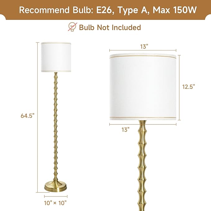 64.5''Gold Floor Lamp, Modern Tall Standing Lamp with Gold Finish and White Lampshade for Living Room, Bedroom, Office, Dining Room, Corner Lighting
