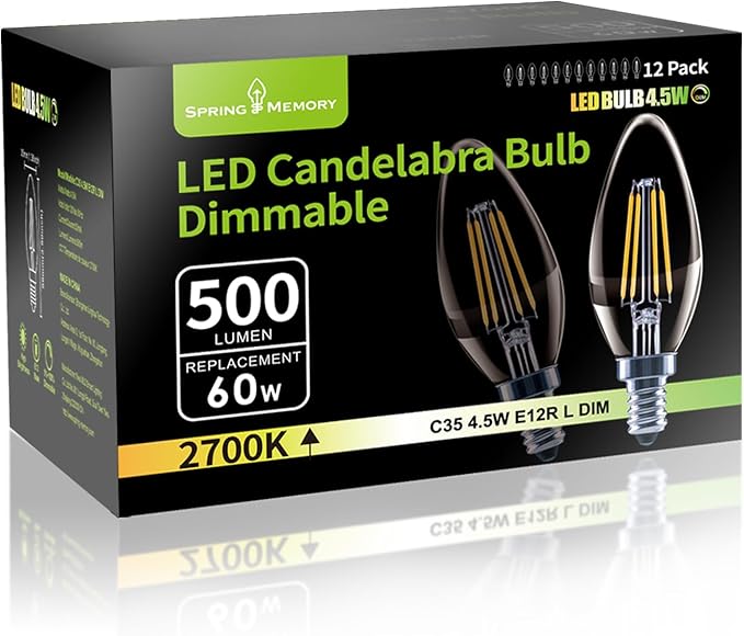 12 Pack E12 Dimmable 60W Equivalent LED Chandelier Light Bulbs, 4.5W Clear 2700K Soft Warm White 500LM B11 Vintage Filament Candle Light