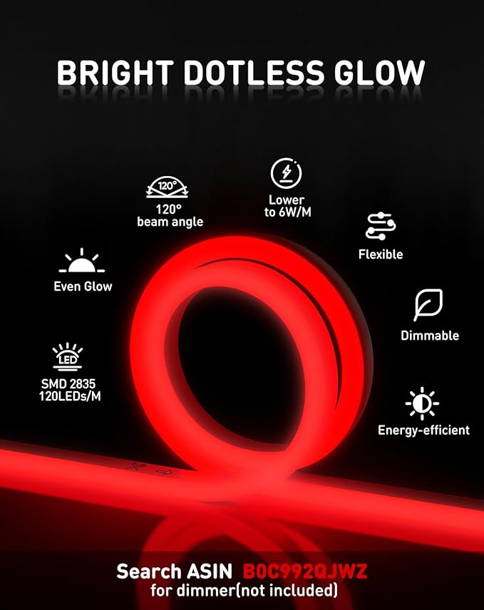 Shine Decor LED Rope Lights AC 120V, Connectable & Cuttable Dotless 120LEDs/M Eco Neon Strip Lighting, ETL IP65 Waterproof & Weather-Resistant for Home Commercial, 8x16mm, Red, 32.8FT