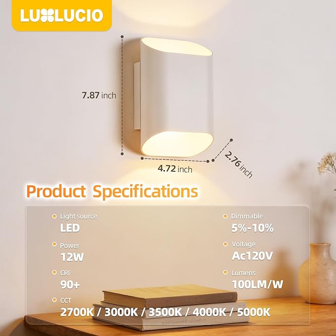 2 Pack White Up & Down Wall Sconce Lamp 5%-100% Dimmable, Modern Indoor/Outdoor Porch Light, IP65 Waterproof, 120V, 1200LM, 12W, 2700K-5000K 5-Color Selectable, CRI90+, ETL FCC Certified