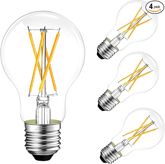 Dimmable E26 LED Bulb 6W, 60 watt Equivalent, A19 Clear Glass LED Light Bulb 5000K Daylight, Vintage LED Edison Bulbs for Ceiling Fan, 90+CRI, 600LM, 4 Pack