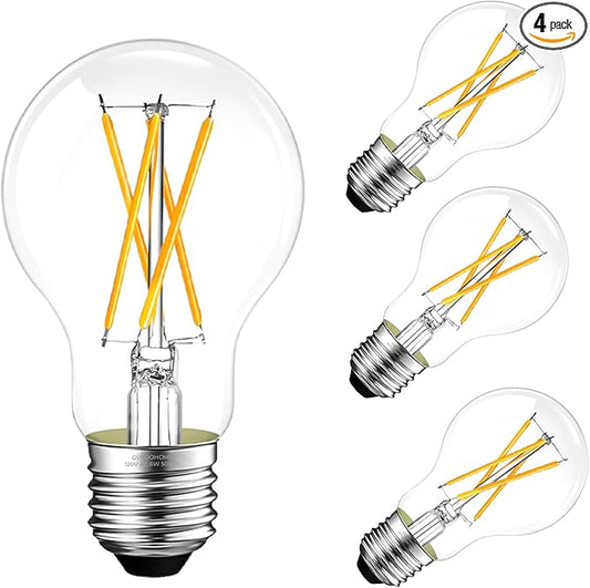 Dimmable E26 LED Bulb 6W, 60 watt Equivalent, A19 Clear Glass LED Light Bulb 5000K Daylight, Vintage LED Edison Bulbs for Ceiling Fan, 90+CRI, 600LM, 4 Pack