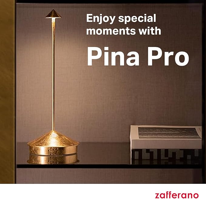 Zafferano, Pina Pro Lamp with Gold Leaf, Rechargeable Cordless Table Lamp with Touch Controls, Usable as an Indoor Lamp, Dimmer, 2200-3000 K, Height 11.4 Inches