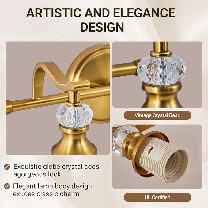 ANDY STAR Gold Vanity Light, 2-Light Brushed Gold Bathroom Light Fixtures, Vintage Bathroom Light with Milky White Bell Glass Shades, Eye-Friendly Wall Sconce for Mirror, Kitchen, Bedroom, Hallway