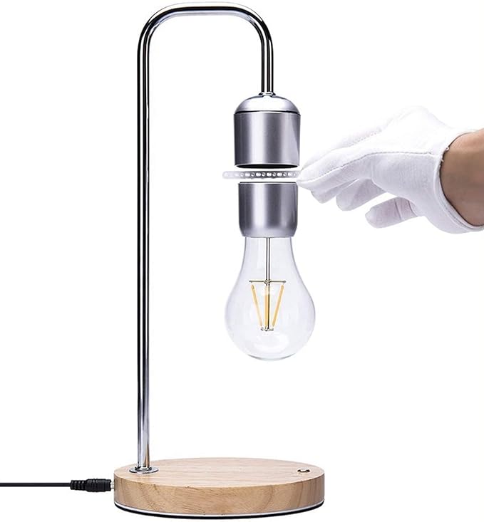 Unique Modern Levitating Lamp with Floating Light and Built-in Qi Wireless Charger, Simplistic and Innovative Design, Warm Decorative Night Light (Silver Bulb)