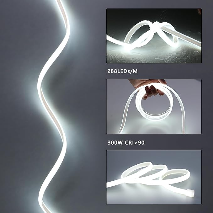 AC 110V COB LED Strip Lights Outdoor Waterproof 98.4ft, 6000K Cool White Super Bright 300W LED Rope Light, IP65 Flexible Cuttable, for Bedroom Garden Commercial House Gaming Room Decor