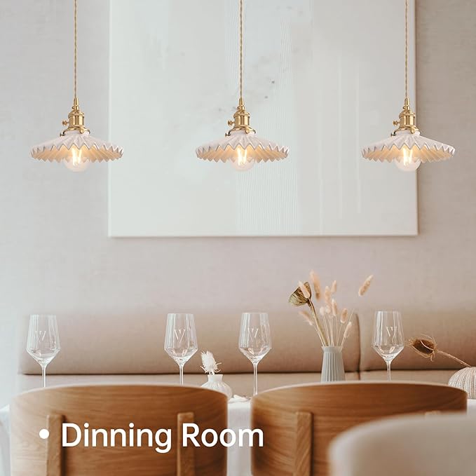 Pendant Light with White Pleated Ceramic Lmapshade, Brass Vintage Pendant Light Adjustable Hanging Light for Kitchen Island Dining Room Hallway