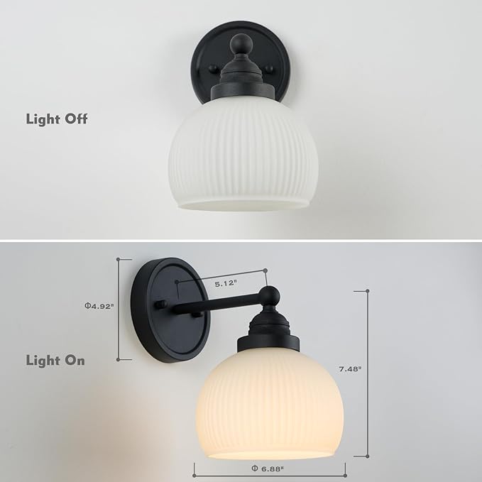 HEQIQEH Vintage Rechargeable Battery Operated Sconce Wall Lighting with Remote Control, Dimmable Ribbed White Glass Shade Wall Mounted Lamp Fixture for Bedroom Vanity Bathroom Living Room