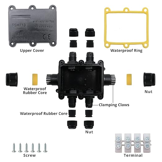 MAKERELE Junction Box Outdoor Waterproof IP68 6Way Open Splice Junction Box Electrical Cable Connector Wire Range 5 to 15mm with Screw Terminal Block External Power Cord Junction Boxes
