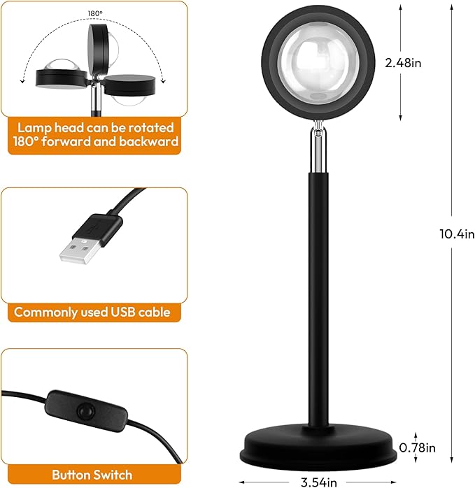 Sunset Lamp Projector,180 Degree Rotation Sun Projection Light Led Night Light Floor Lamp with USB Port,Sunset Lamps for Photography Party Bedroom Decor,Christmas Gifts for Women