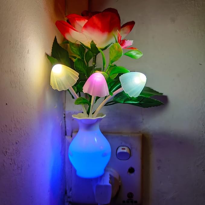 AUSAYE 2 Pack Sensor LED Night Light Plug-in Nightlight, Color Changing Mushroom Light Rose Flower Night Lights for Kids Adults Bedroom, Bathroom, Nursery, Kitchen, Basement