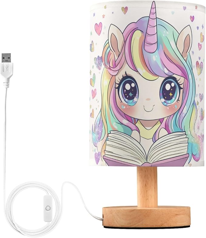 Cute Unicorn with Colorful Heart Reading Books Bedside Table Lamps with USB Port for Bedroom Lamp Table Lamp Small Nightstand Lamp Sturdy Linen Shade Decorative Lamps for Kids Reading Dome Home