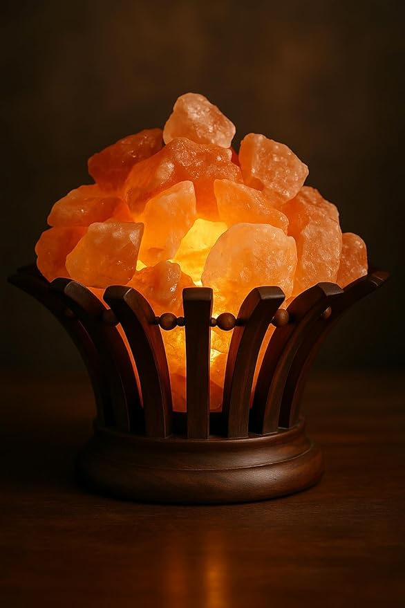 Himalayan Salt Lamp Basket – Salt Lamp with Wooden Bowl – Authentic Himalayan Crystal Night Light – Natural Pink Rock for Bedroom, Living Room, Office and Decor Gift