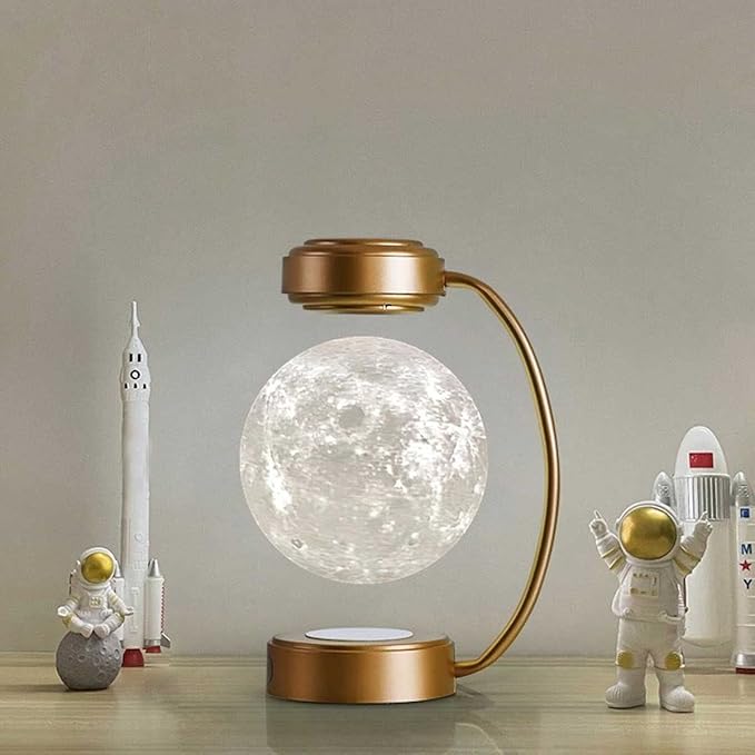 Levitating Moon Lamp Floating LED Night Lights with Luxury Iron Bracket 3D Printed Moon Light, 3 Colors Modes for Home Office Room Decor,Gold