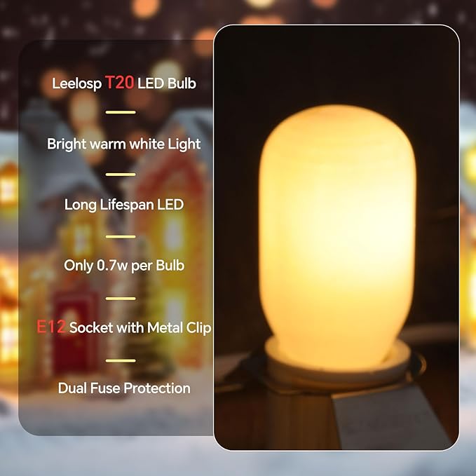 Leelosp 4 Pack 11.5 FT Accessory Cord with 5 LED Light Bulb, Christmas Village Light Cord with On/Off Switch E12 Double Fuse Socket for Blow Mold Christmas Trees Holiday Decorations