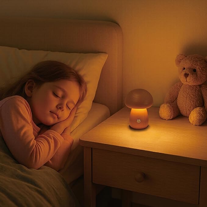 Mushroom Lamp, Rechargeable Touch Control Mushroom Night Light, Portable Dimmable Wooden Lamp for Kids Room, Bedroom, 3.9" H