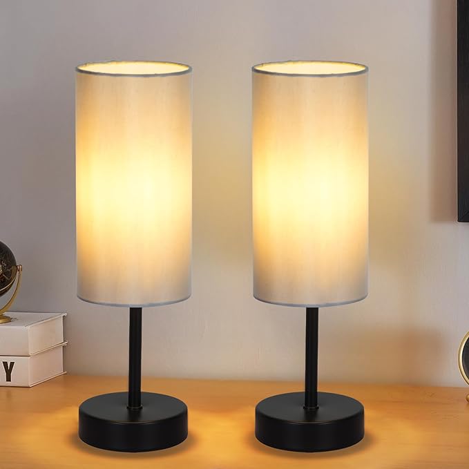2 Pack Small Table Lamps for Bedroom, Bedside Lamps for Nightstand with Wire Switch, Minimalist Modern Desk Lamps with Linen Fabric Shade for Kids Room Living Room Office Dorm, Bulb Included