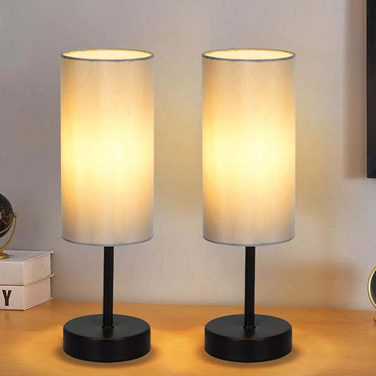 2 Pack Small Table Lamps for Bedroom, Bedside Lamps for Nightstand with Wire Switch, Minimalist Modern Desk Lamps with Linen Fabric Shade for Kids Room Living Room Office Dorm, Bulb Included