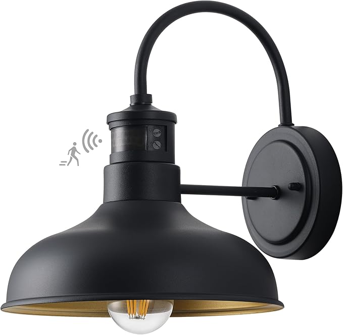 10in. Exterior Barn Style Motion Lights with Wall Mount, Dusk to Dawn Outdoor Motion Sensor Gooseneck Lighting Fixture for Farmhouse, Black Barn Porch Wall Lighting for Garage and House