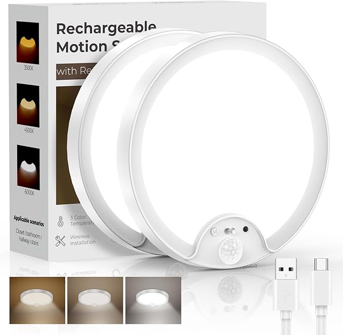 2 Pack Rechargeable Motion Sensor Ceiling Light - Remote Control 8000mAh 500LM Battery Operated Indoor Wireless Ceiling Shower Light LED Fixture Under Cabinet for Closet, Shower, Stairs, Shed, Hallway