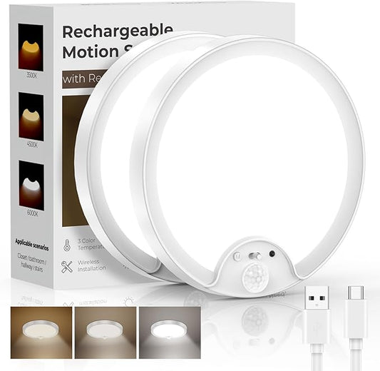 2 Pack Rechargeable Motion Sensor Ceiling Light - Remote Control 8000mAh 500LM Battery Operated Indoor Wireless Ceiling Shower Light LED Fixture Under Cabinet for Closet, Shower, Stairs, Shed, Hallway