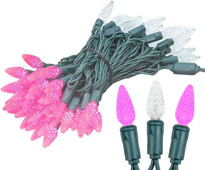 Novelty Lights 24FT 70 LED C6 LED Valentine's Day String Lights, Outdoor Christmas Tree Commercial Grade LED String Lights, Permanent Christmas Lights Tree Decoration (Pink/Pure)