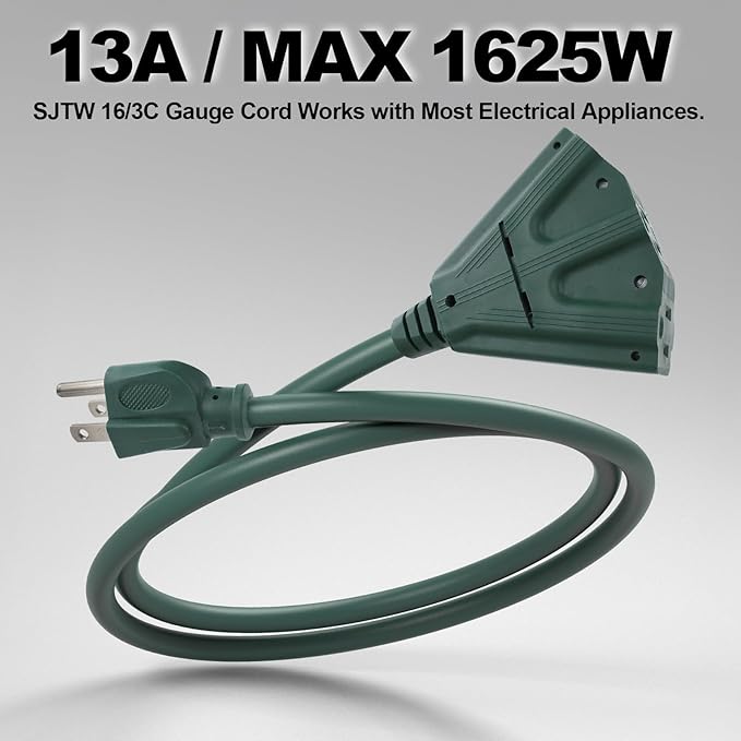 EP 2 Pack 15 Ft Outdoor Extension Cord with 3 Electrical Power Outlets - 16/3 SJTW Green Cable with 3 Prong Grounded Plug for Safety Great for Christmas Lights, Garden and Major Appliances