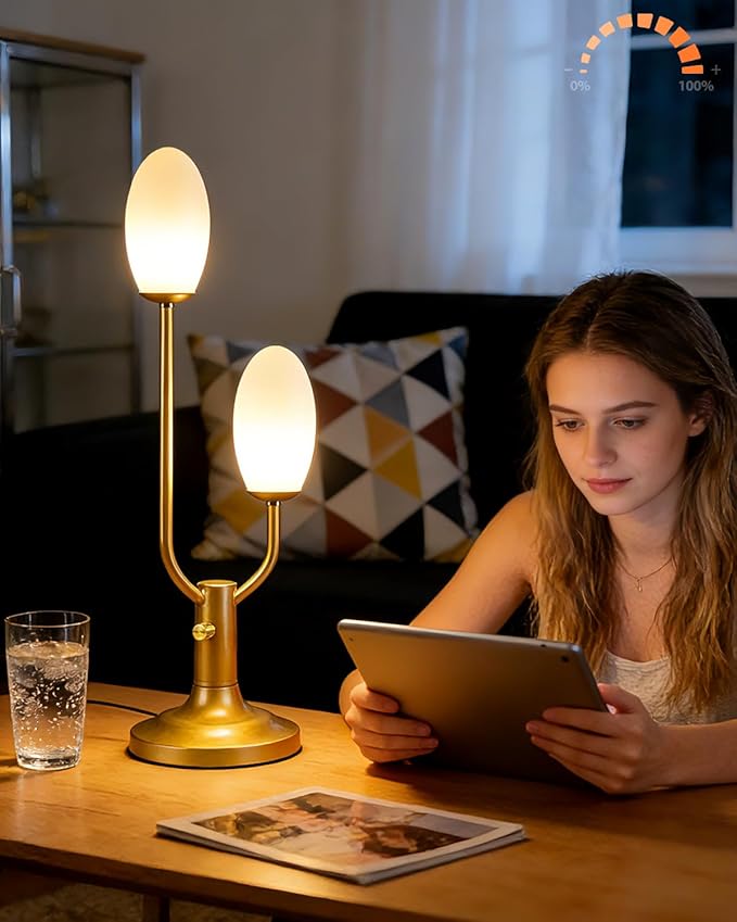 Lightdot Mid Century Modern Table Lamp Vintage Gold Dimmable Plug in Small Bedside Lamps with Oval Shade Cute Desk Lamp Nightstand Reading Light for Bedroom Office Living Room