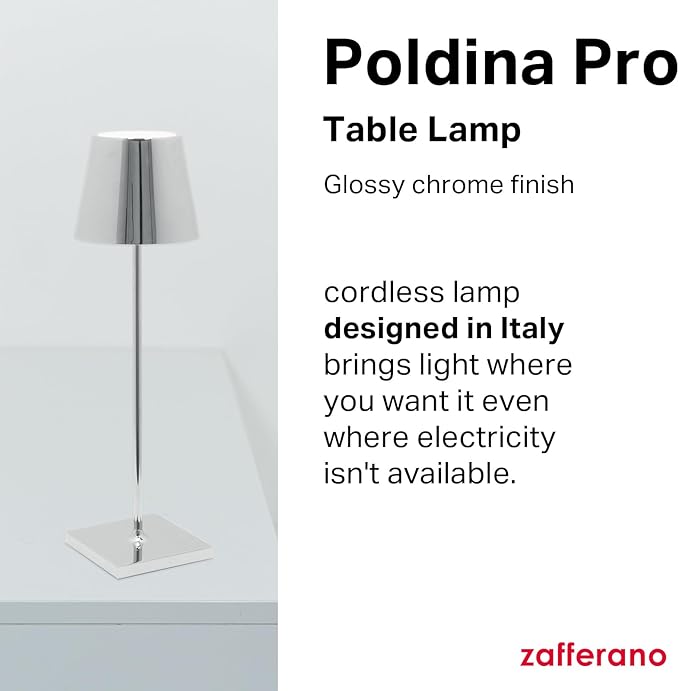Zafferano, Poldina Pro Lamp with with Glossy Chrome Finish, Rechargeable Cordless Table Lamp with Touch Controls, Usable as an Indoor Lamp, Dimmer, 2200-3000 K, Height 14.9 Inches