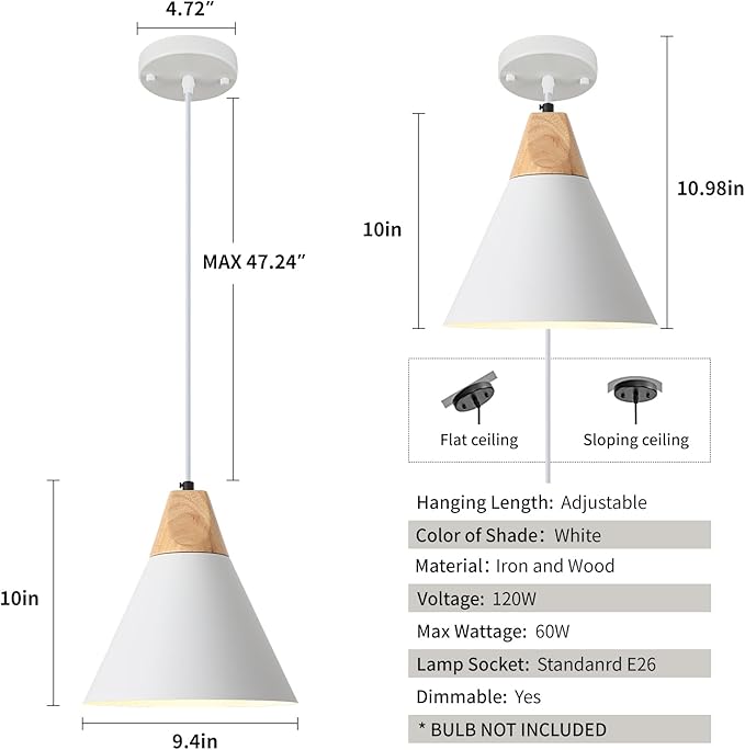 White Pendant Light, 2 Packs 9.4inch Farmhouse Pendant Light, Kitchen Pendant Lights, Pendant Lights Kitchen Island for Living Room, Bar, Bedroom, Office