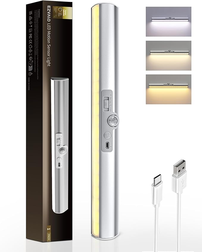 EZVALO Motion Sensor Closet Light, Rechargeable 1800mAh Battery-Operated LED Light, Rotatable Sensor, 3 Color Temperatures & Stick-On Light for Closet, Pantry, Stairs