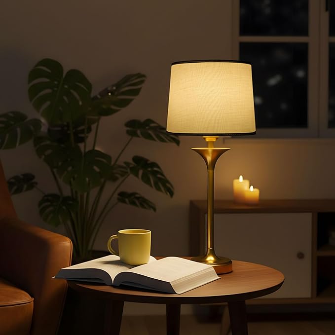 Mid Century Modern Cordless Table Lamp, Gold Glam Table Lamp with Tapered Fabric Shade, Classic Elegant Table Lamp for Living Room Bedroom Entryway Console, Detachable Magnetic Bulb, 10000mAh