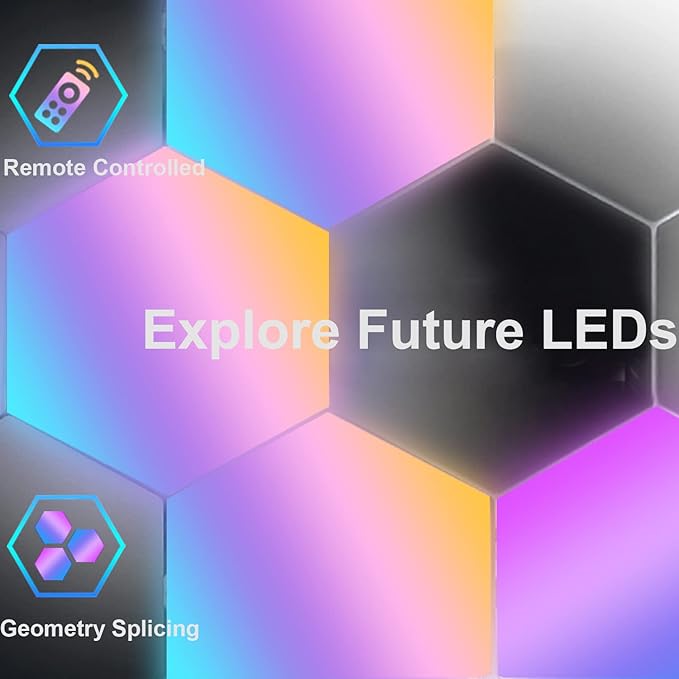 Amailtom Hexagon LED Lights Sync with Music, Hexagon Gaming Wall Lights App and Remote Control, 16 Million Colors Modular Light Panels DIY Geometry Splicing for Gaming Room Bedroom, 7 Pack