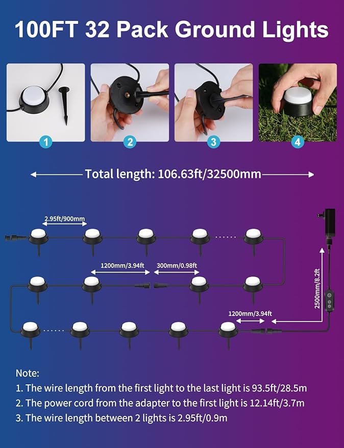 APPECK Smart Ground Lights Wired 32 Pack, 100FT RGBW Color Changing Pathway Lights, 2200K Warm White Landscape Lighting, for Garden Yard Lawn Path Holiday Party Decor, with App/Google Assistant