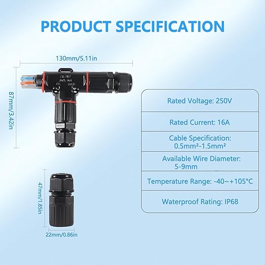 3PCS IP68 Waterproof Electrical Cable Connector, Outdoor 2 Pin T Shape Junction Box, Electrical Wire Connector for 5-9mm Wire Range