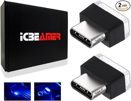ICBEAMER Type C Adapters Atmosphere Light - 2-Pack (Blue) | Universal Plug-in Miniature Night Light | LED USB Car Interior and Trunk Ambient Lighting Solution