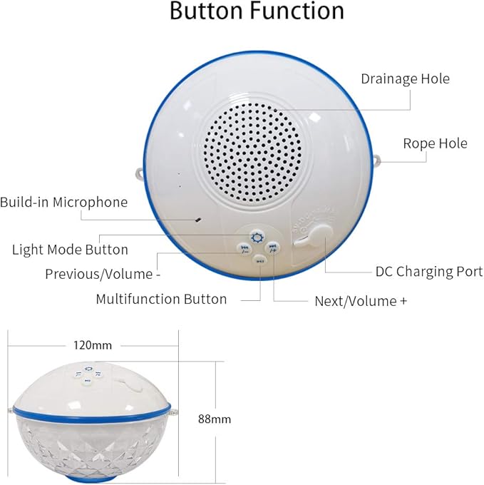 Blufree Floating Pool Speaker w/Colorful Lights, Portable Wireless Pool Speaker Bluetooth Waterproof IP68, Built-in Mic & Crystal Clear Sound Floating Hot Tub Speakers for Pools Party Outdoor (White)