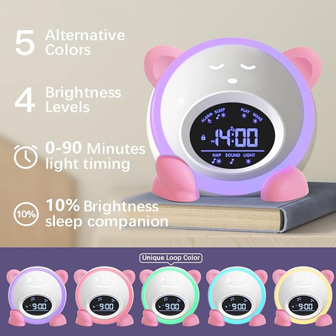 OK to Wake Clock for Kids, Sleep Training Clock with Night Light and Sound Machine, Kids Alarm Clock for Bedrooms, Pink