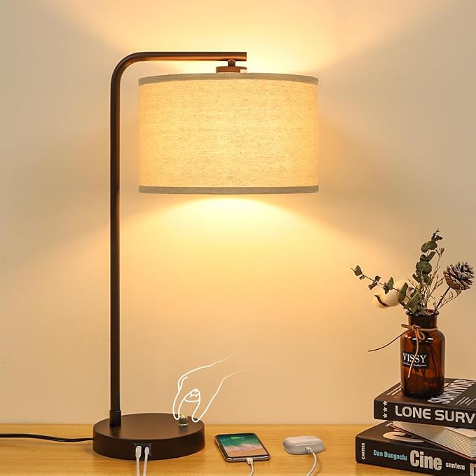 Tall Table Lamp with USB C+A Ports, Fully Stepless Dimmable Modern Minimalist Bedside Nightstand Lamp, Reading Desk Lamp for Bedroom, Living Room, Study Room, Office, 9W 3000K LED Bulb Included