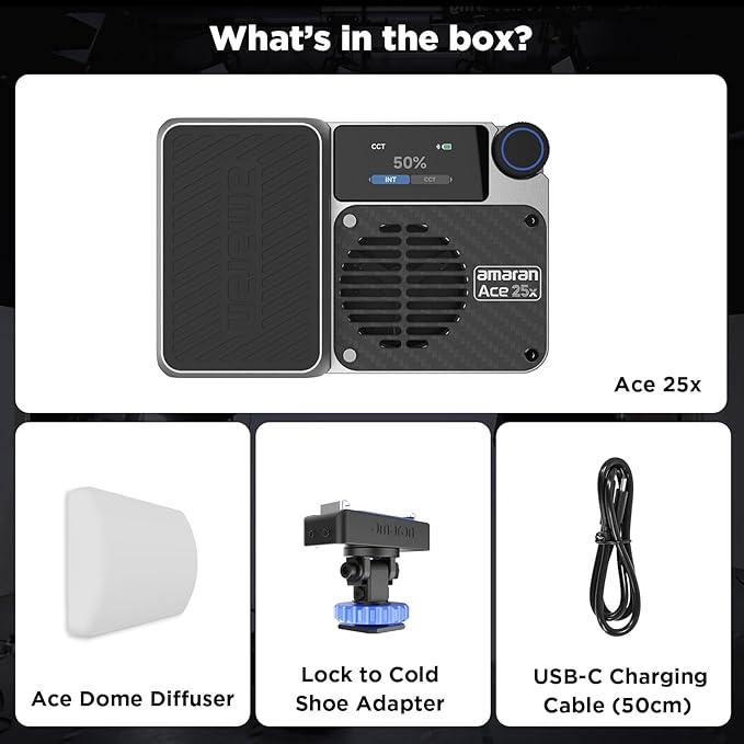 Amaran Ace 25x Pocket Bi-Color LED Light: Boost Mode Up to 32W, Bi-Color Mini Video Light (2,700-6,500K), 1,636 Lux@1m, 4,500mAh Battery with PD Fast Charging for Mobile Creators (Silver)