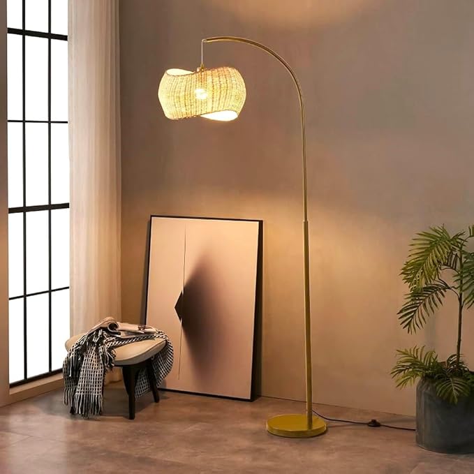 Brightech Wave Arc Floor Lamp - Chic Standing Lamp with Unique Hanging Wicker Pendant Shade for Living Room, Boho Rattan Natural Decor Lamp, Arcs Over Sofa, Bedroom & Office Desk for Reading - Brass