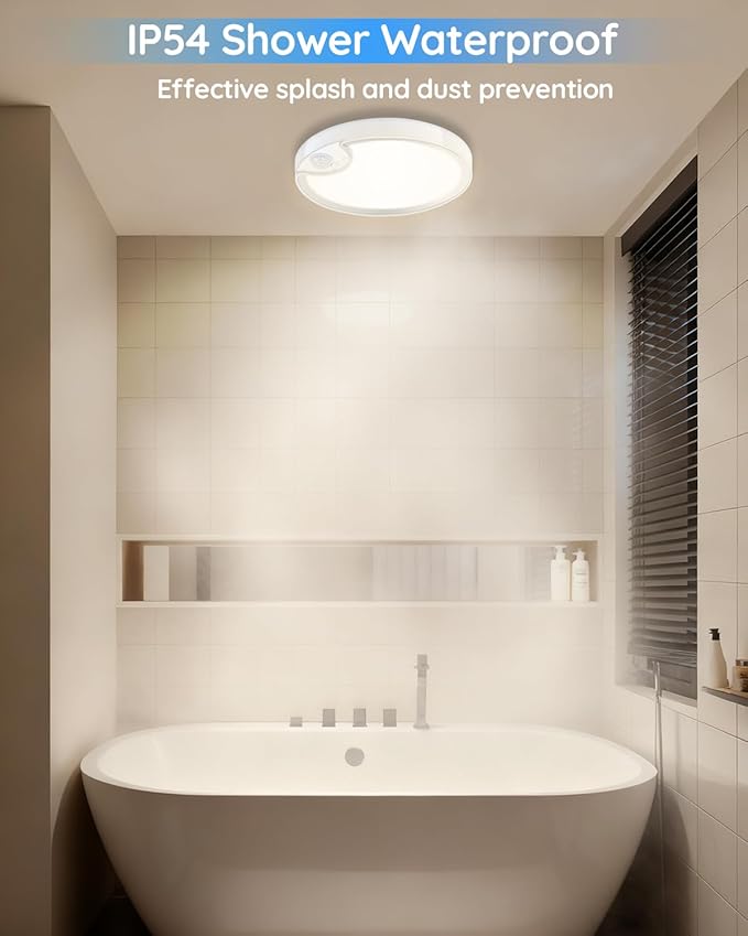 Rechargeable Motion Sensor Closet Light - IP54 Waterproof Shower Light Indoor, Wireless Battery Operated Ceiling Lights, 3CCT Cordless Motion Activated Light for Shower Bathroom Stairs Hallway