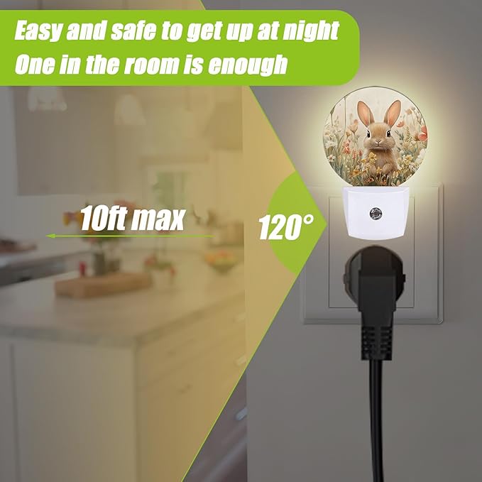 Cute Rabbit Night Light,Spring Wildflowers Plug-in Night Lights with Dusk-to-Dawn Sensor for Bedroom Bathroom and Living Room Sleep Friendly Rabbit
